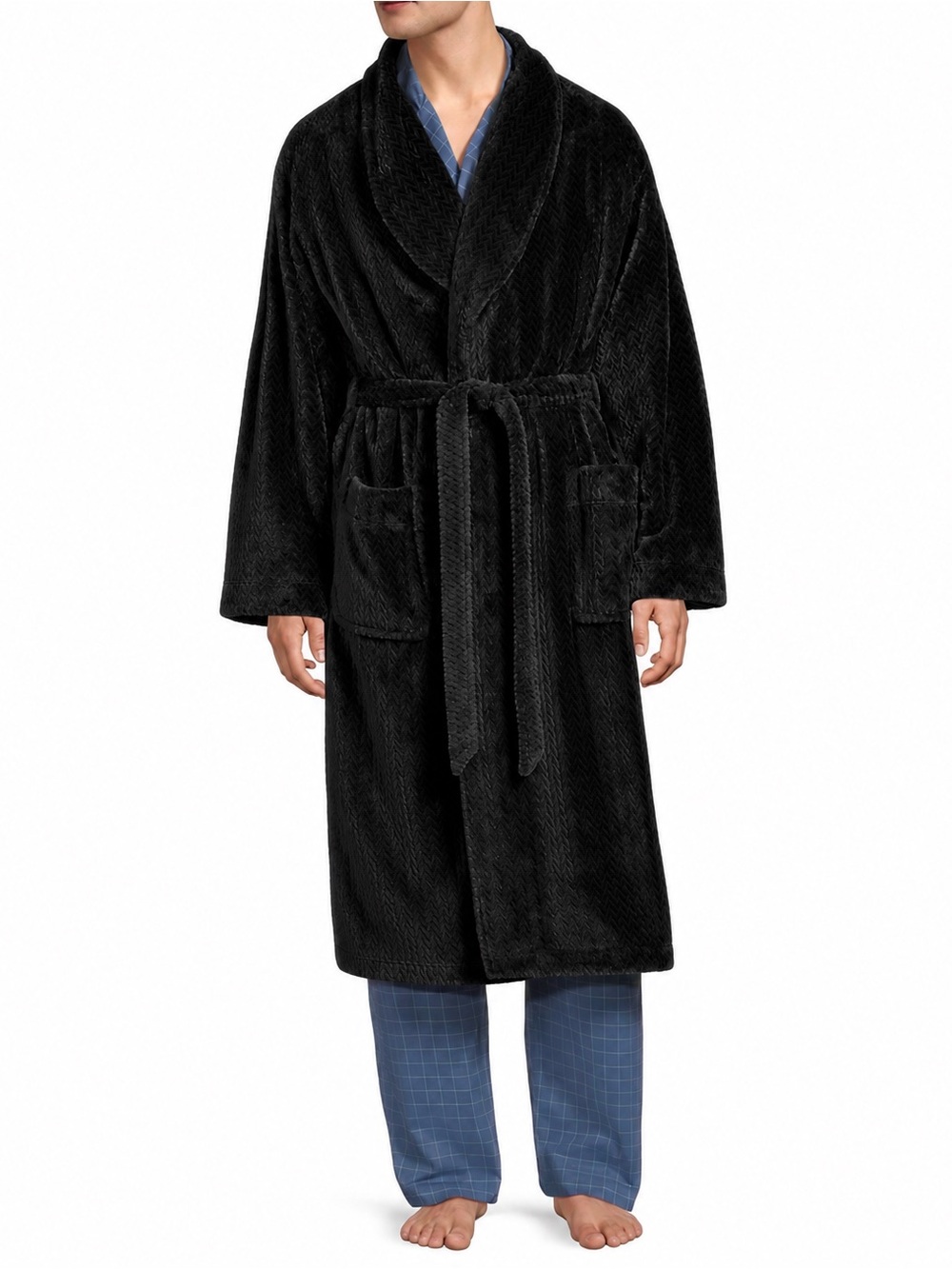 Men’s Black Plush Fleece Bathrobe Shawl Collar Belted Robe